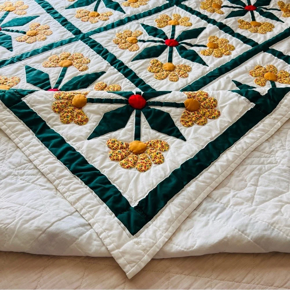Handmade Floral Appliqué Quilt – 90” x 90” – Signed by Artist Elizabeth Bush